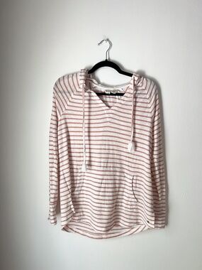 Roxy Striped Hooded Pullover Top Medium Pink White Lightweight Beach Boho Hoodie